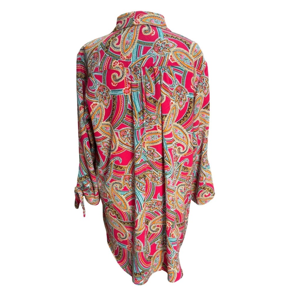 Boho Chic Womens Paisley Blouse Size Large Long Sleeve Tie Cuff Pink Multi - Picture 2 of 9